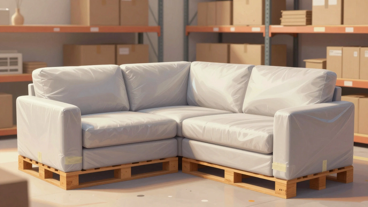 Sectional sofa pieces individually covered and elevated on pallets in a climate-controlled storage unit.
