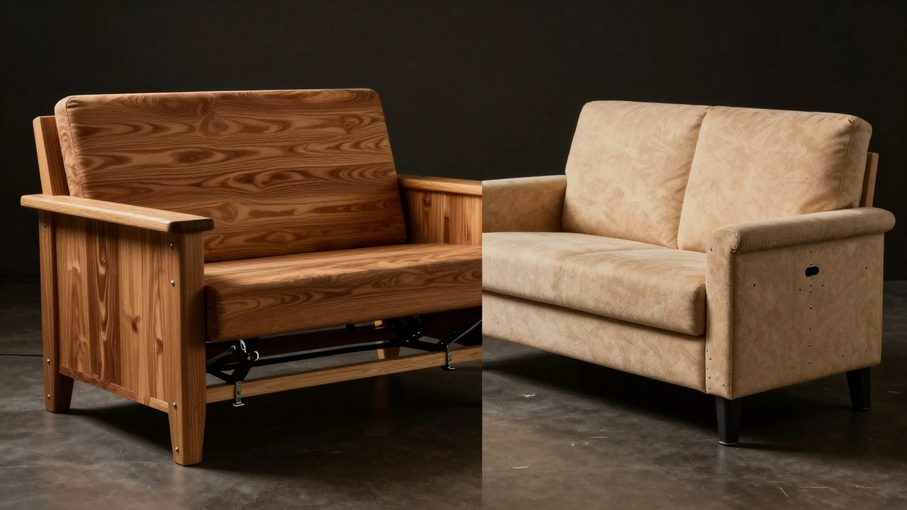 Side-by-side comparison of durable hardwood sofa versus cheap particleboard sofa.