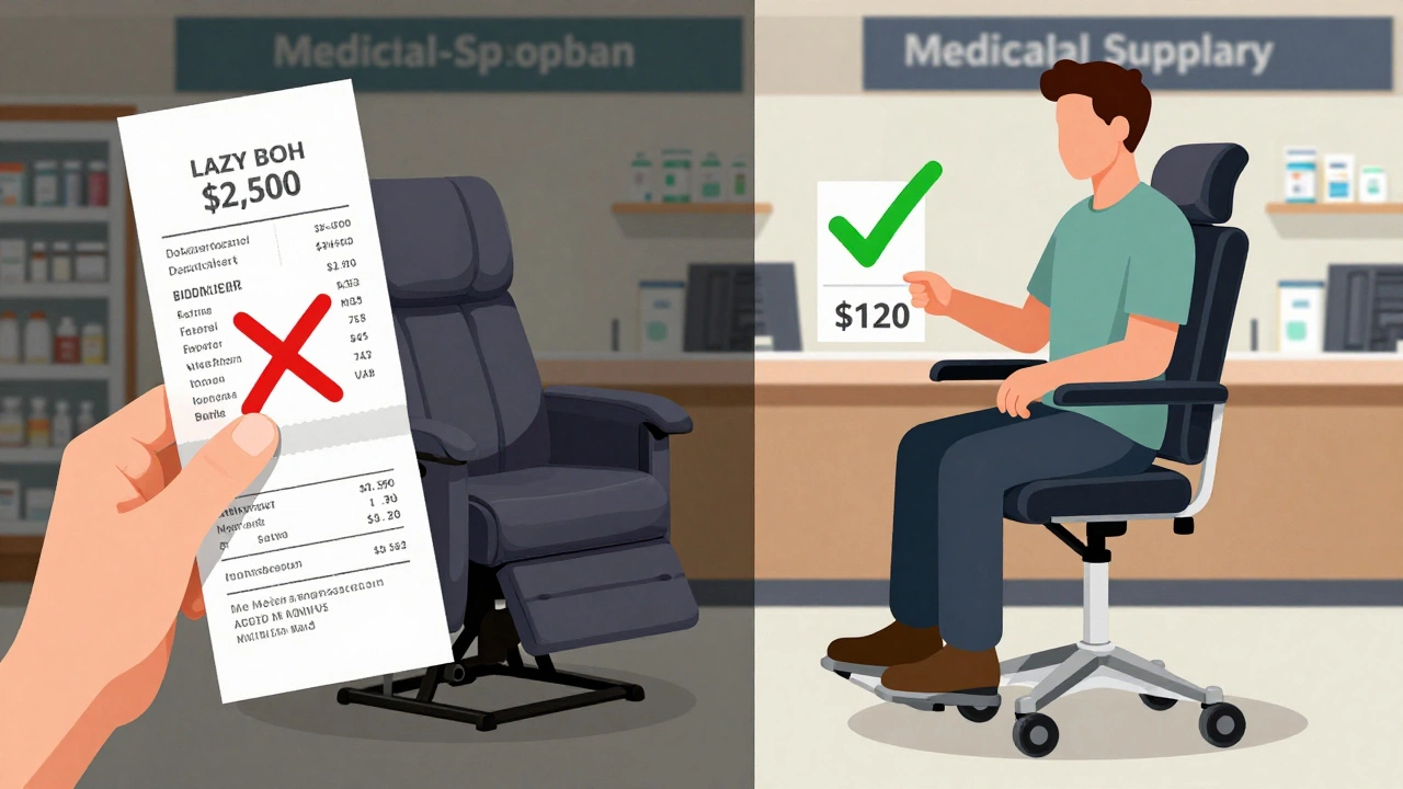 Split image comparing expensive online purchase versus Medicare-approved lift chair with cost difference.