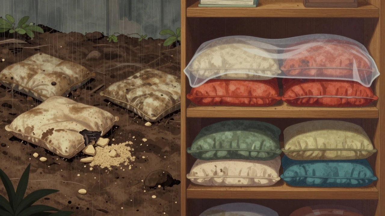 Split image: damaged outdoor cushions outside vs. preserved ones stored safely indoors.