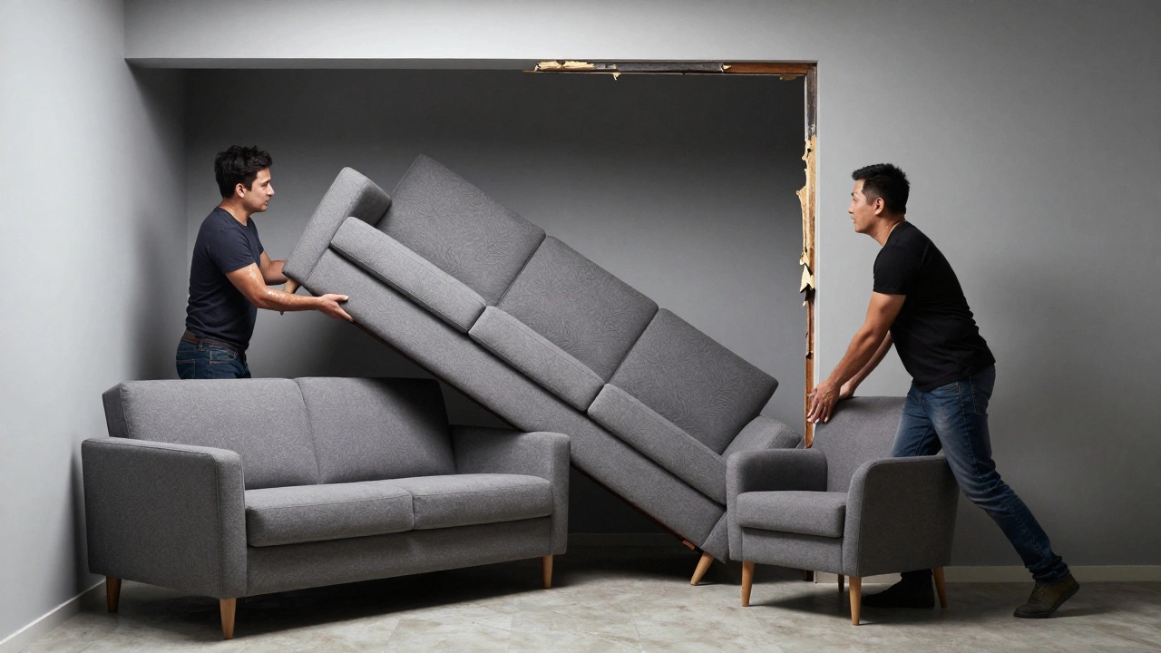 Two people struggle to move a bulky corner sofa through a narrow doorway, while simpler furniture waits nearby.