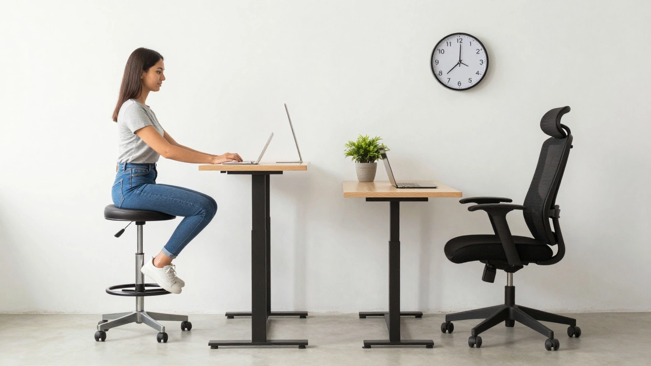 Worker alternating between perching on a high stool and sitting in an ergonomic chair with time intervals visible.