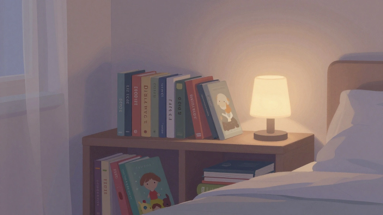 A bedside bookshelf with books organized by use, a reading lamp glowing, calm bedroom atmosphere at dusk.