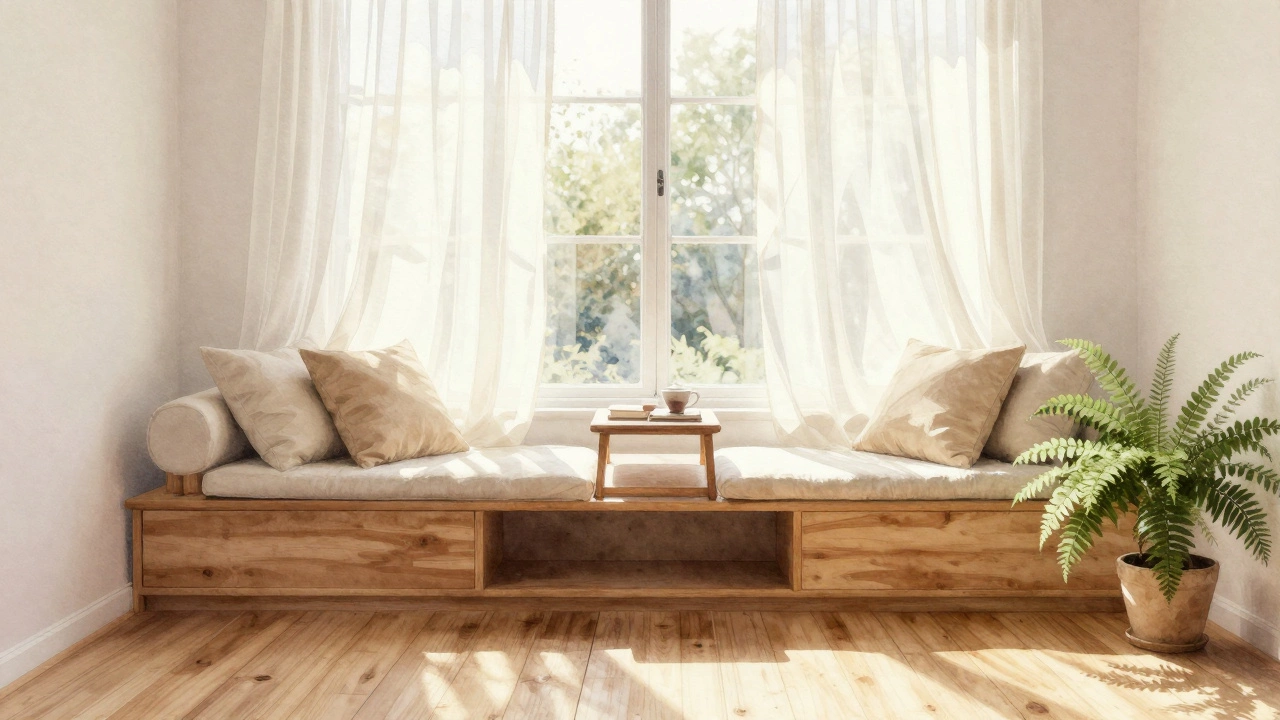 A cozy built-in window bench with cushions and sunlight streaming through sheer curtains, creating a peaceful reading nook.