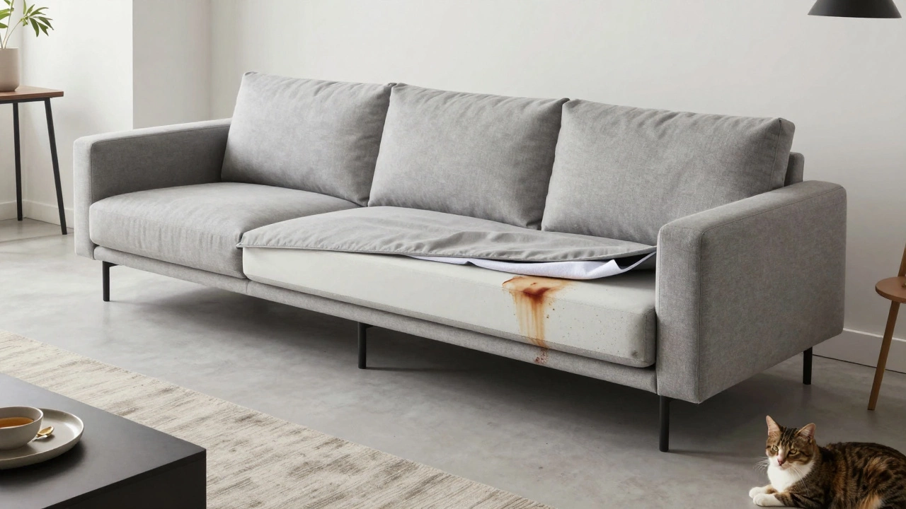 A modern modular sofa with removable fabric covers being cleaned, in a Scandinavian-style home with a cat nearby.