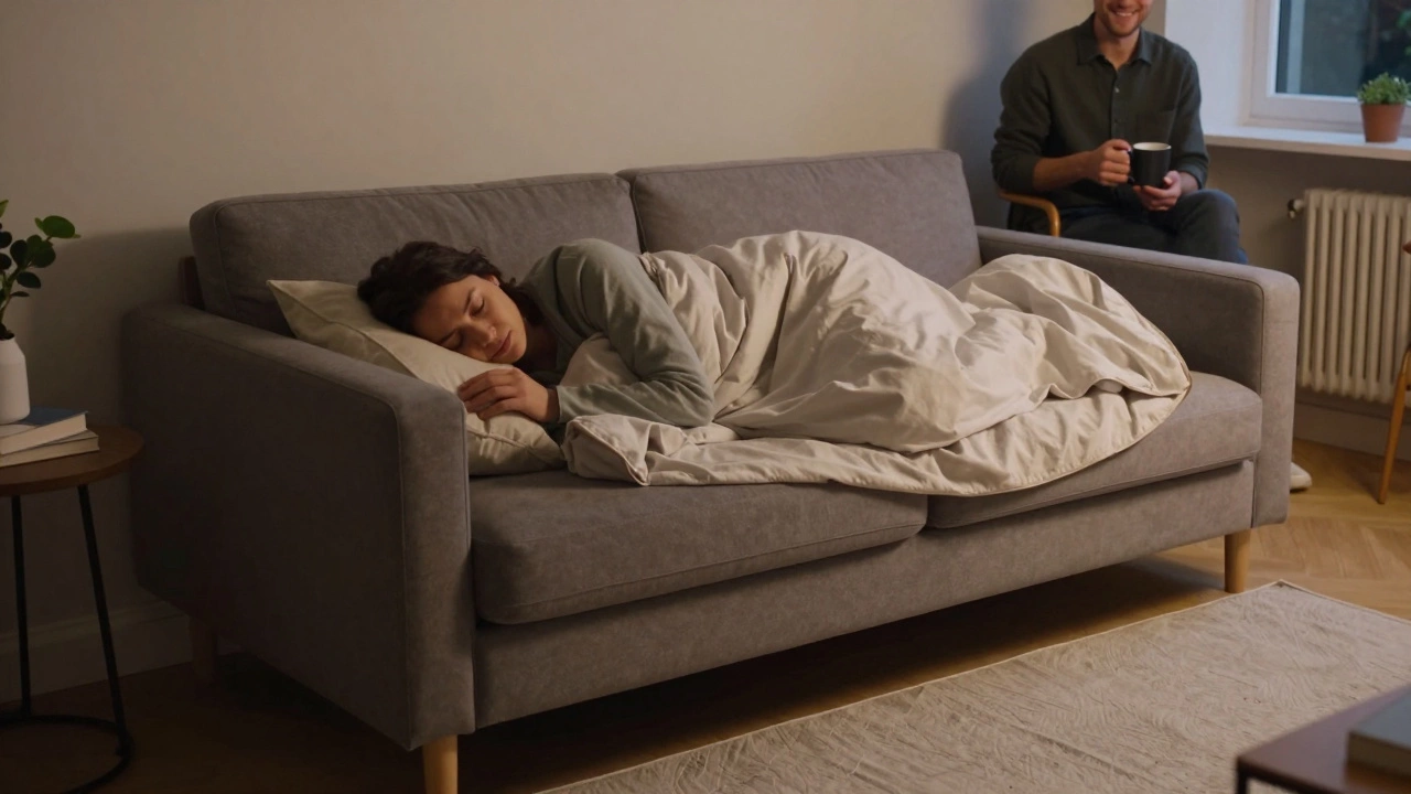 A person sleeping comfortably on a transformed sleeper sofa in a small flat, with a removable cover nearby.