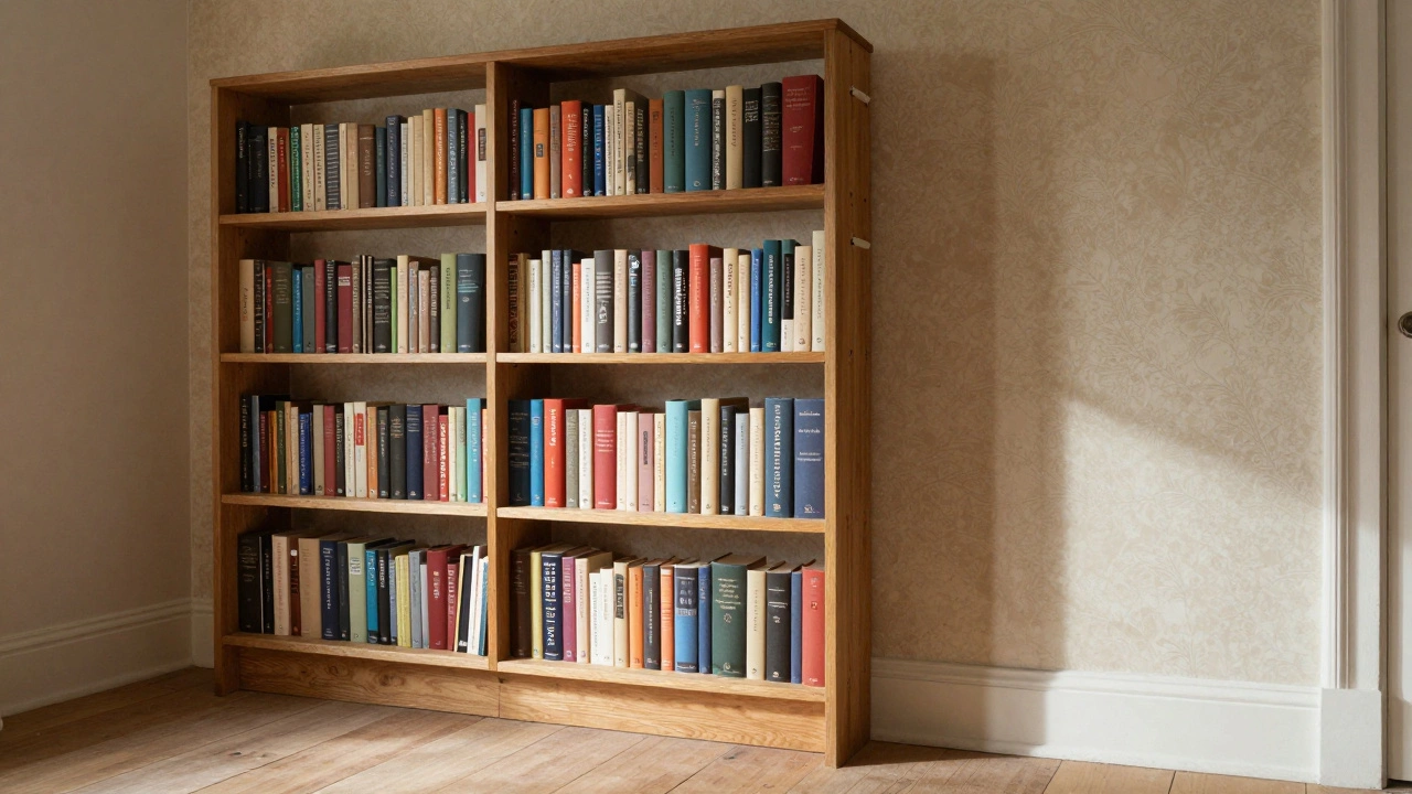 A tall, anchored bookshelf against a load-bearing wall with clear space in front and subtle wallpaper behind.