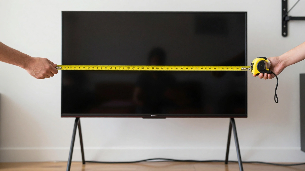 A tape measure showing a 62-inch width of a 65-inch TV on a properly sized stand with clean cable management.