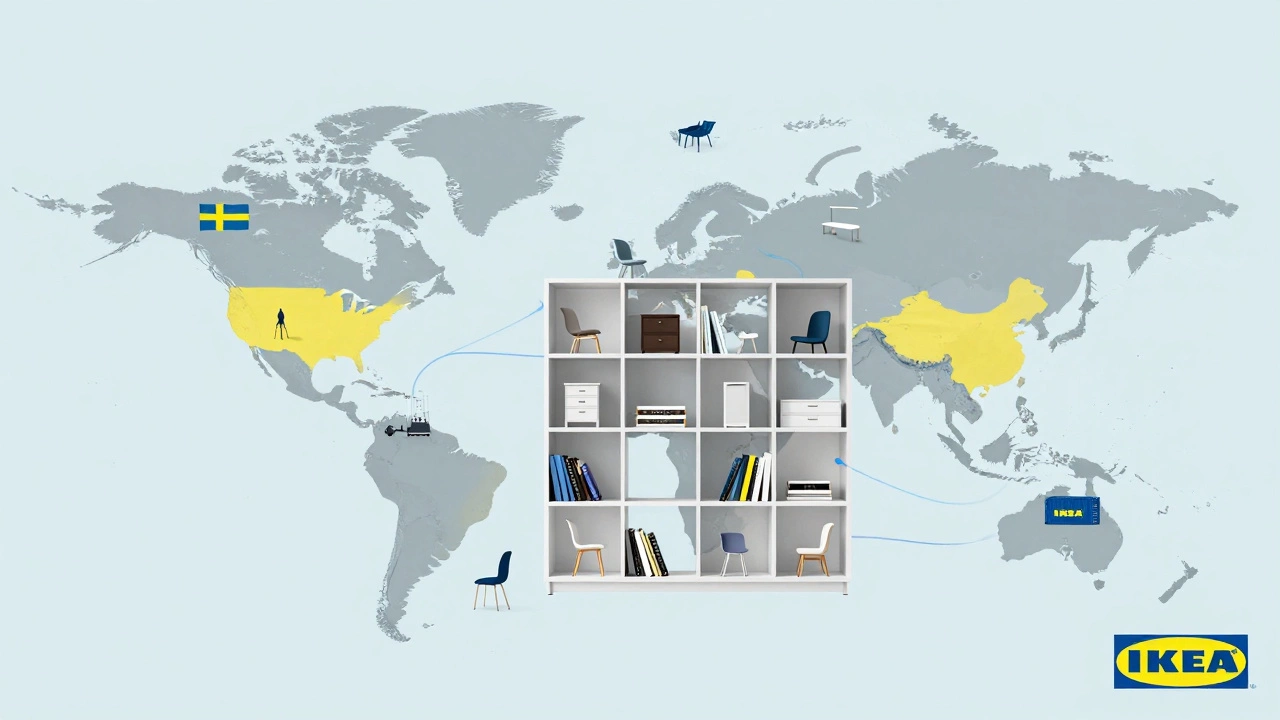 A world map built from IKEA furniture, with supply chain elements flowing into it, symbolizing global reach.
