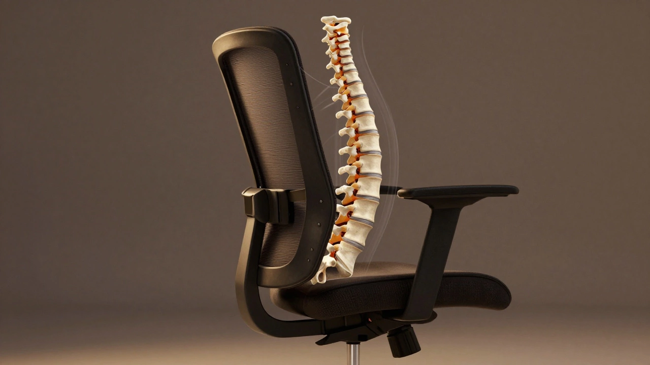 Anatomical spine illustration aligned with an ergonomic chair's curved support, highlighting natural spinal alignment.