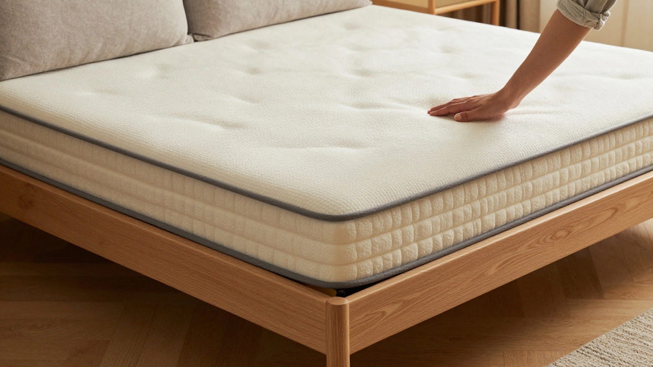 Close-up of a sleeper sofa's sliding mechanism revealing a thick, layered mattress with visible innerspring coils.