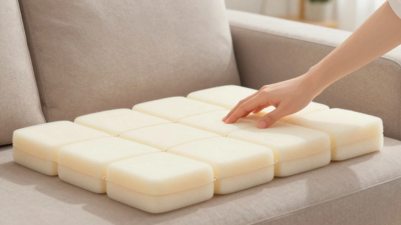 Close-up of hand-tied spring system inside a durable sofa, showing craftsmanship and support structure.