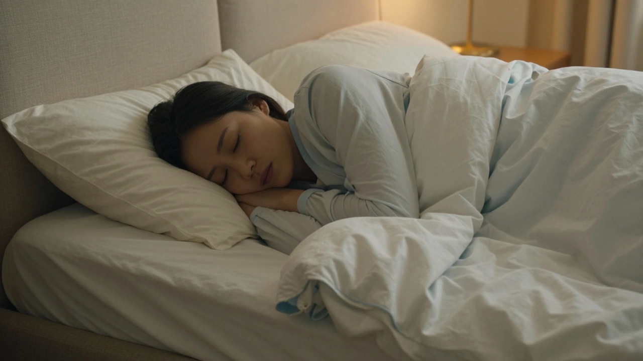 Person sleeping on sofa bed with high-thread-count sheets and plush duvet