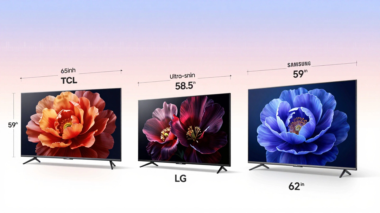 Three different 65-inch TV models side by side, each with distinct widths due to bezel and stand designs.