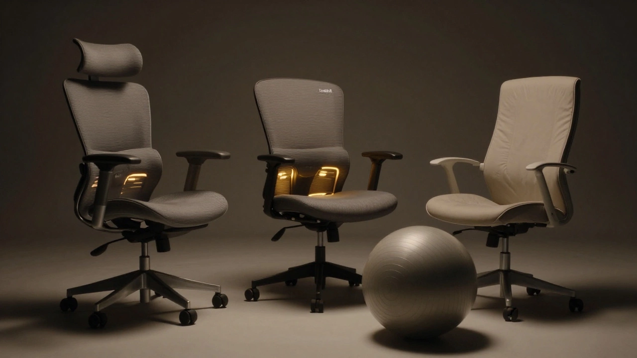 Three office chairs compared: two ergonomic models glowing with support, one poorly designed chair in shadow.