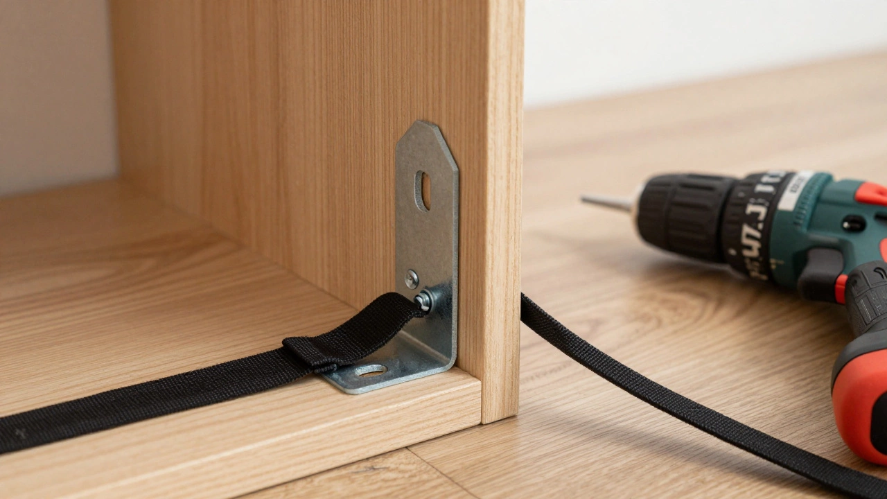 A close-up of a wall anchor kit being installed on a bookcase, showing metal bracket and nylon strap secured to a wall stud.
