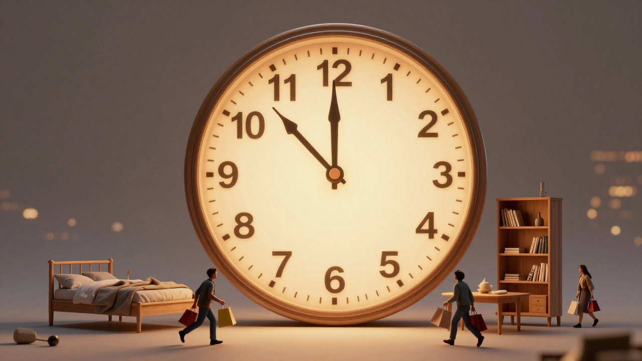 A giant clock made of furniture ticking down to midnight on Black Friday, with tiny shoppers rushing toward it under golden light.