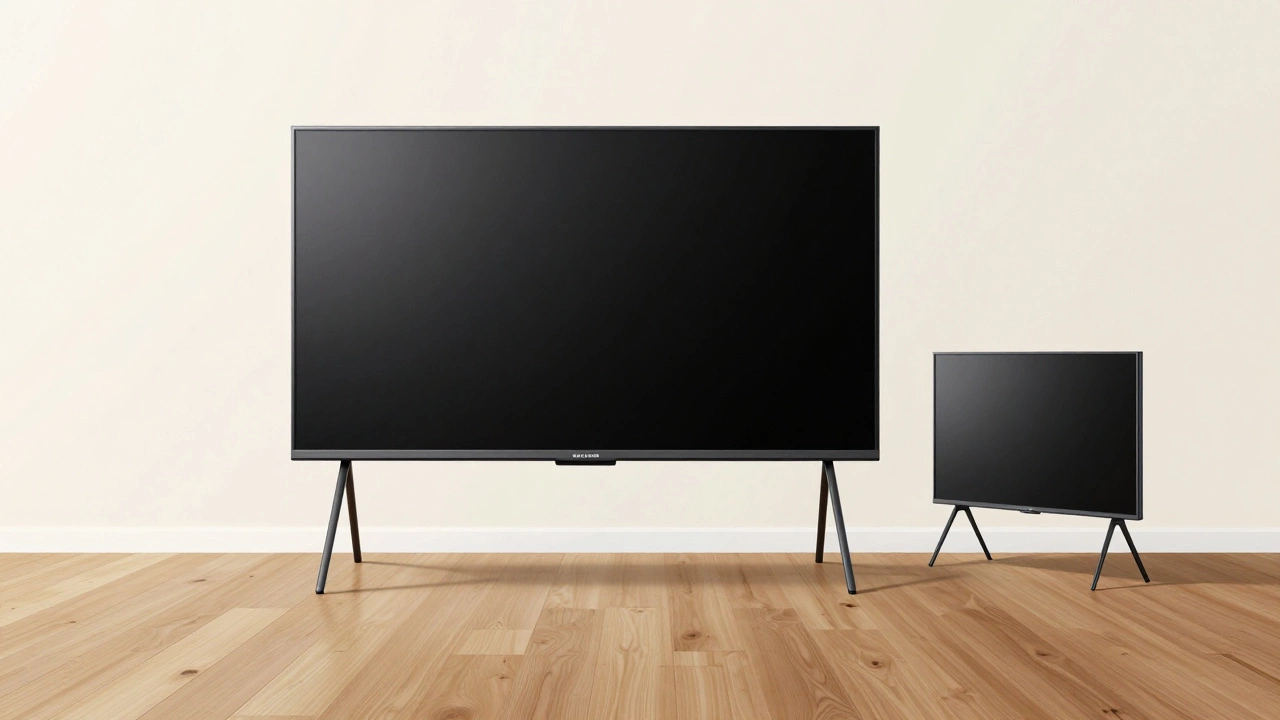A massive 98-inch Samsung TV on a very wide stand next to a small 32-inch TV on a narrow stand, illustrating proportional design.