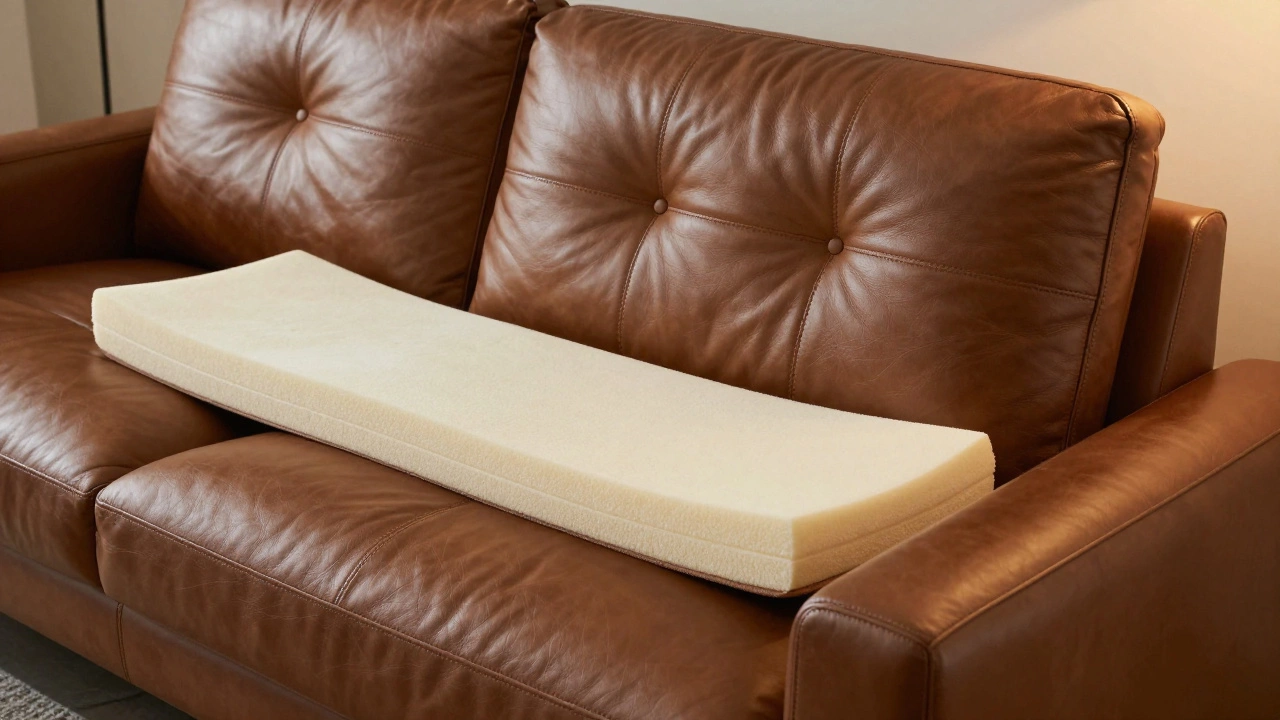 A modern Chesterfield sofa with reclined back and hybrid cushioning, upholstered in rich leather, showing ergonomic support.