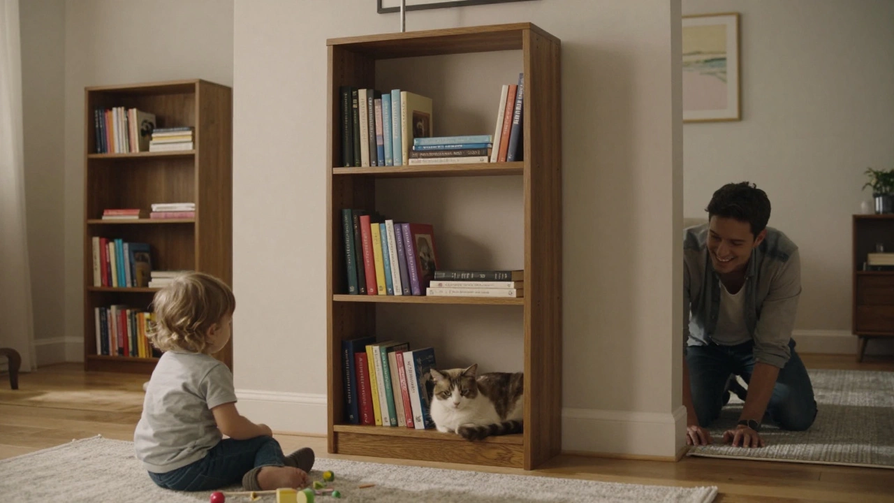 A safe, anchored bookcase in a cozy living room with a child playing nearby and a cat resting on the shelf.