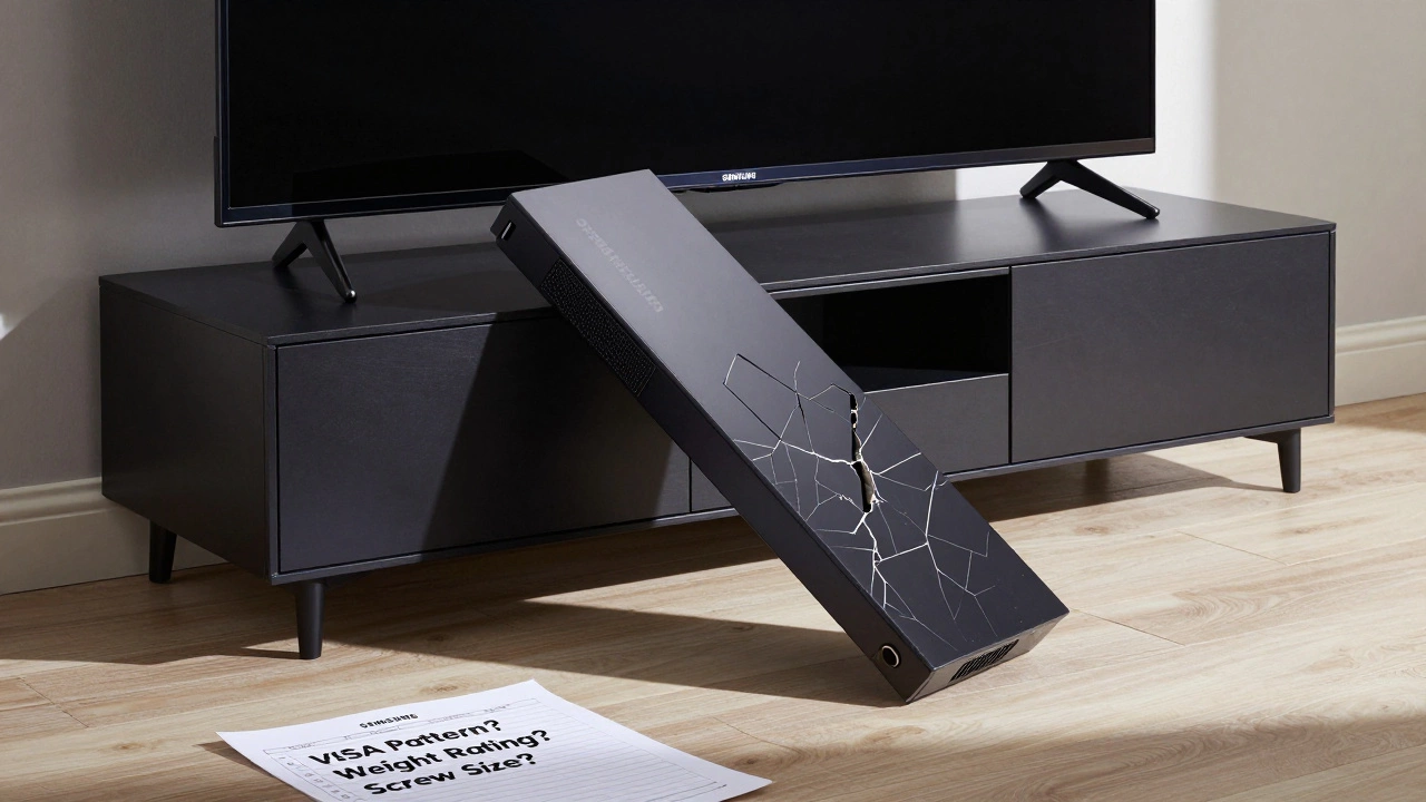 A Samsung TV tilting dangerously on an ill-fitting stand, with cracks on the back and a checklist highlighting key compatibility checks.