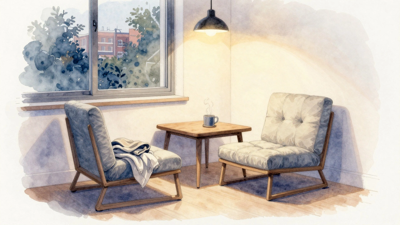 A Zaisu-style floor chair by a window in a small UK flat, with a mug and blanket, evening light softly glowing.