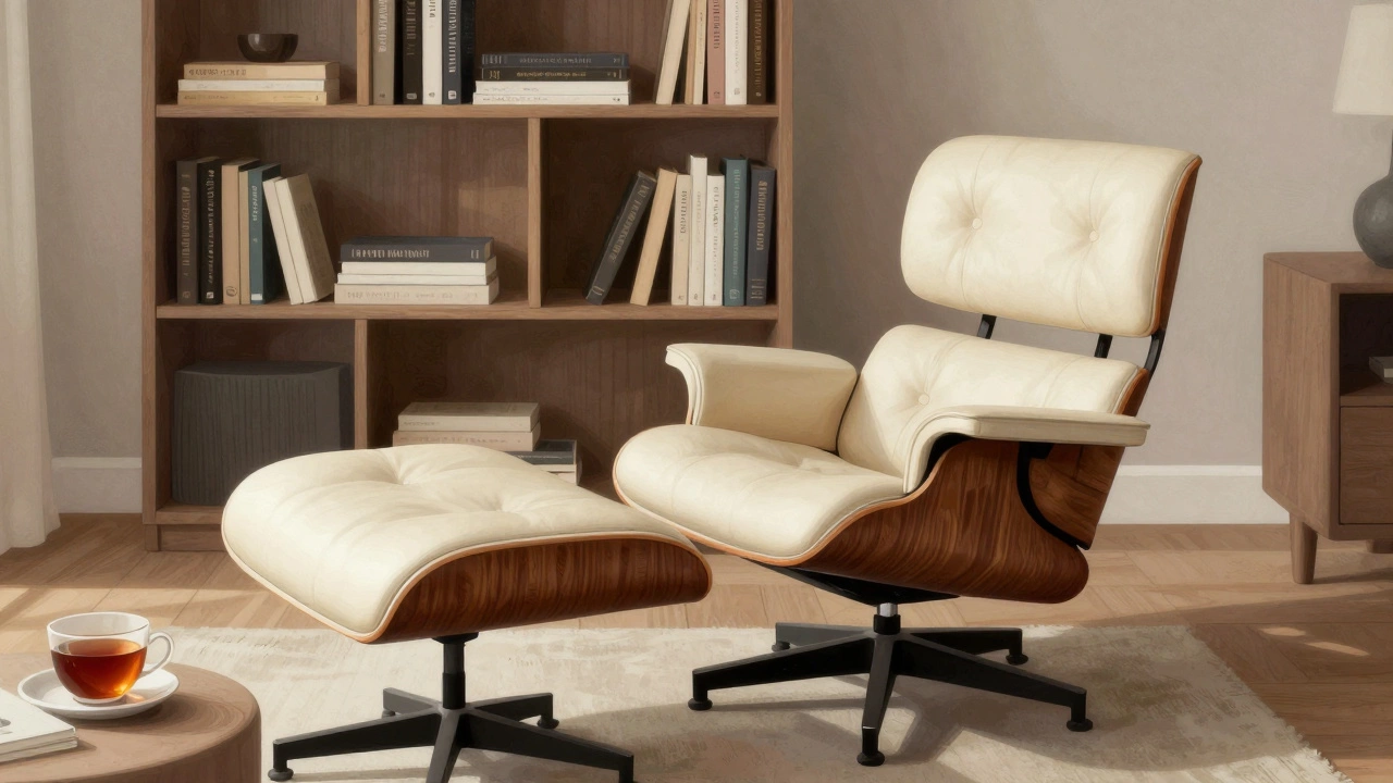 An Eames Lounge Chair and ottoman in a minimalist Scandinavian home, bathed in daylight with bookshelves in background.