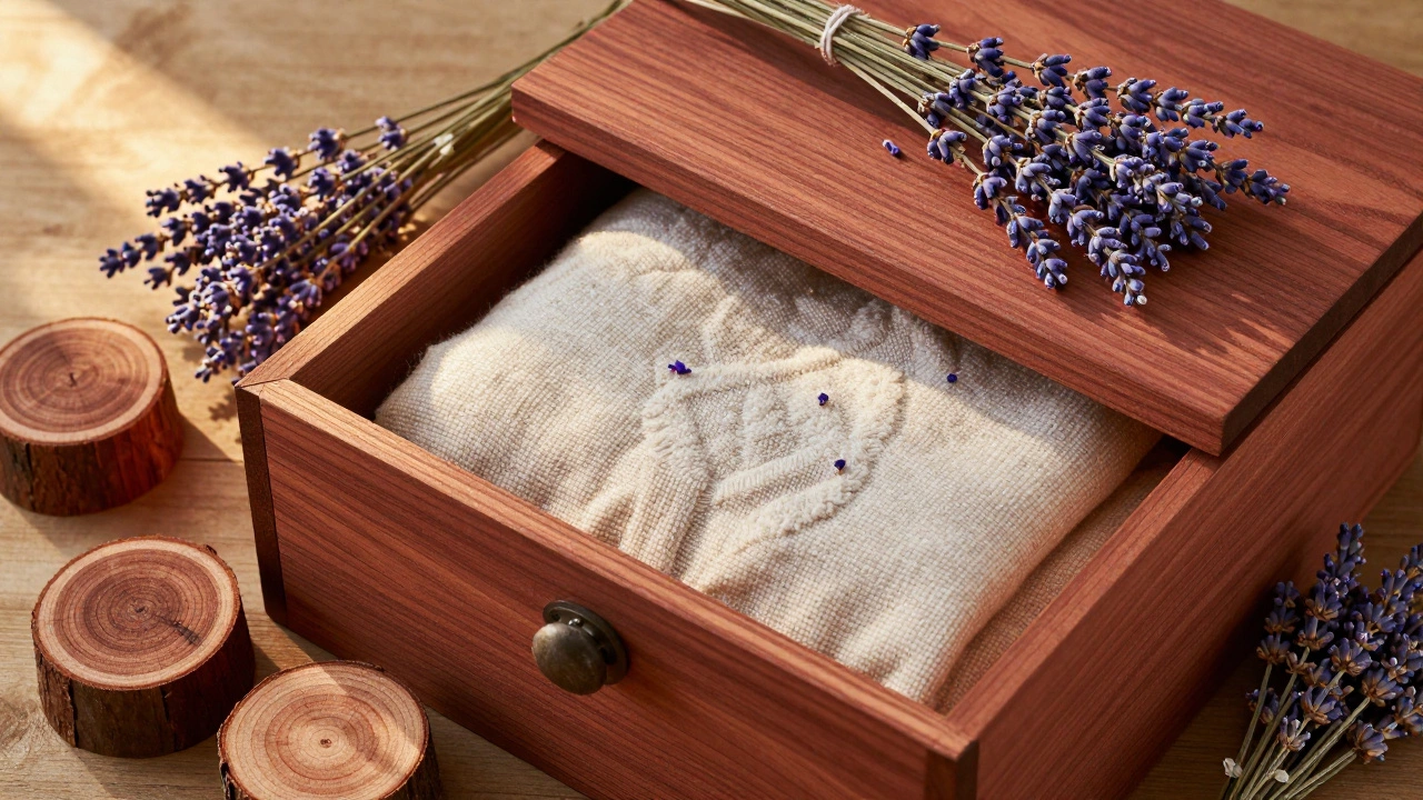Cedar blocks and lavender sprigs arranged on top of folded blankets