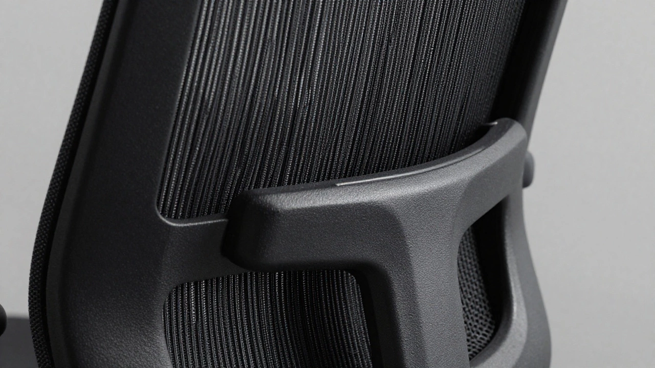Close-up of breathable mesh fabric on an ergonomic chair seat.