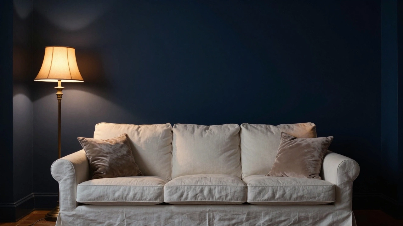 Dark navy walls paired with a light linen sofa illuminated by warm lamps.