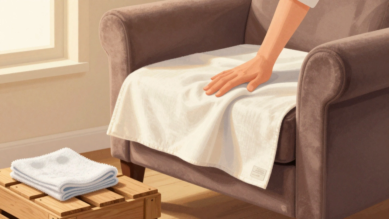 Hand placing a cotton slipcover over a velvet armchair with foam guards and cleaning tools nearby.