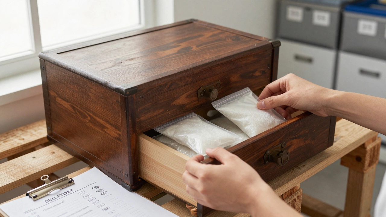 Hands placing moisture-absorbing packs inside a wrapped antique chest in a well-lit storage facility.