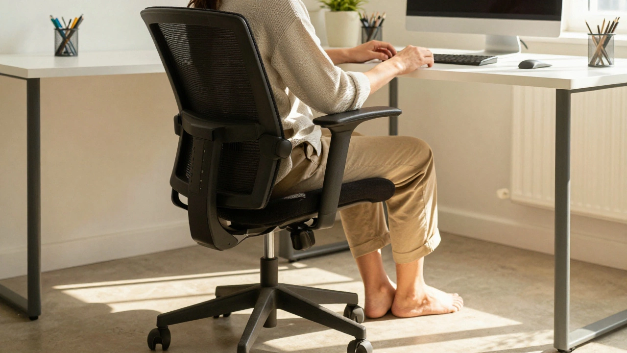 Person sitting comfortably with good posture in warm natural light.