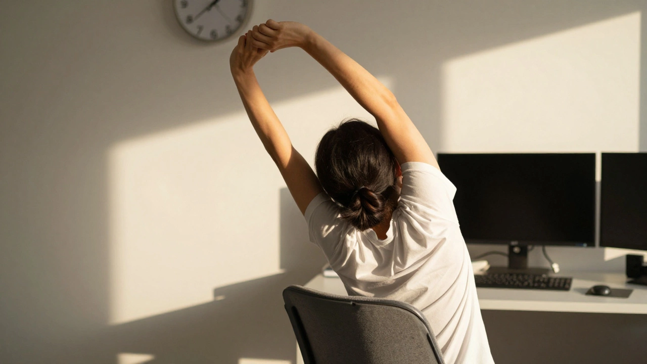 Person stretching upright after sitting, with footrest and lumbar cushion visible on chair.