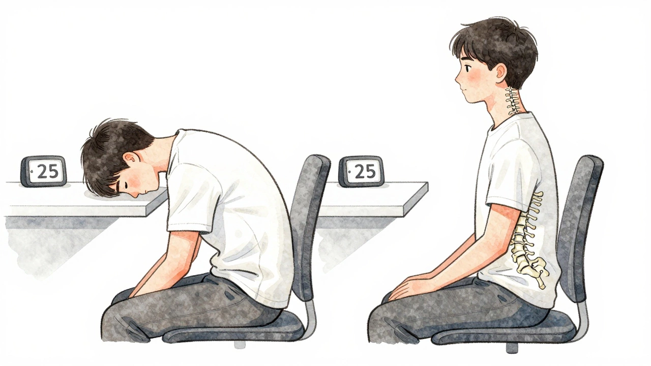 Side-by-side comparison of slouched versus aligned sitting posture in a workspace.