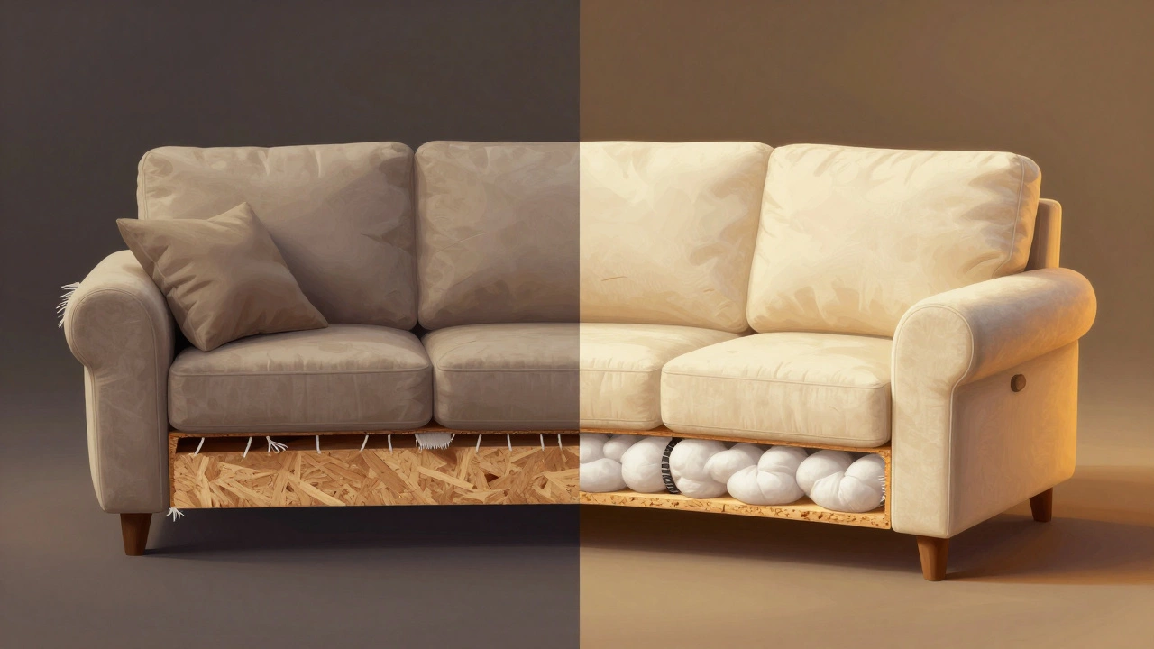 Side-by-side cross-section of a cheap sofa versus a high-quality sofa, revealing internal frame and spring differences.