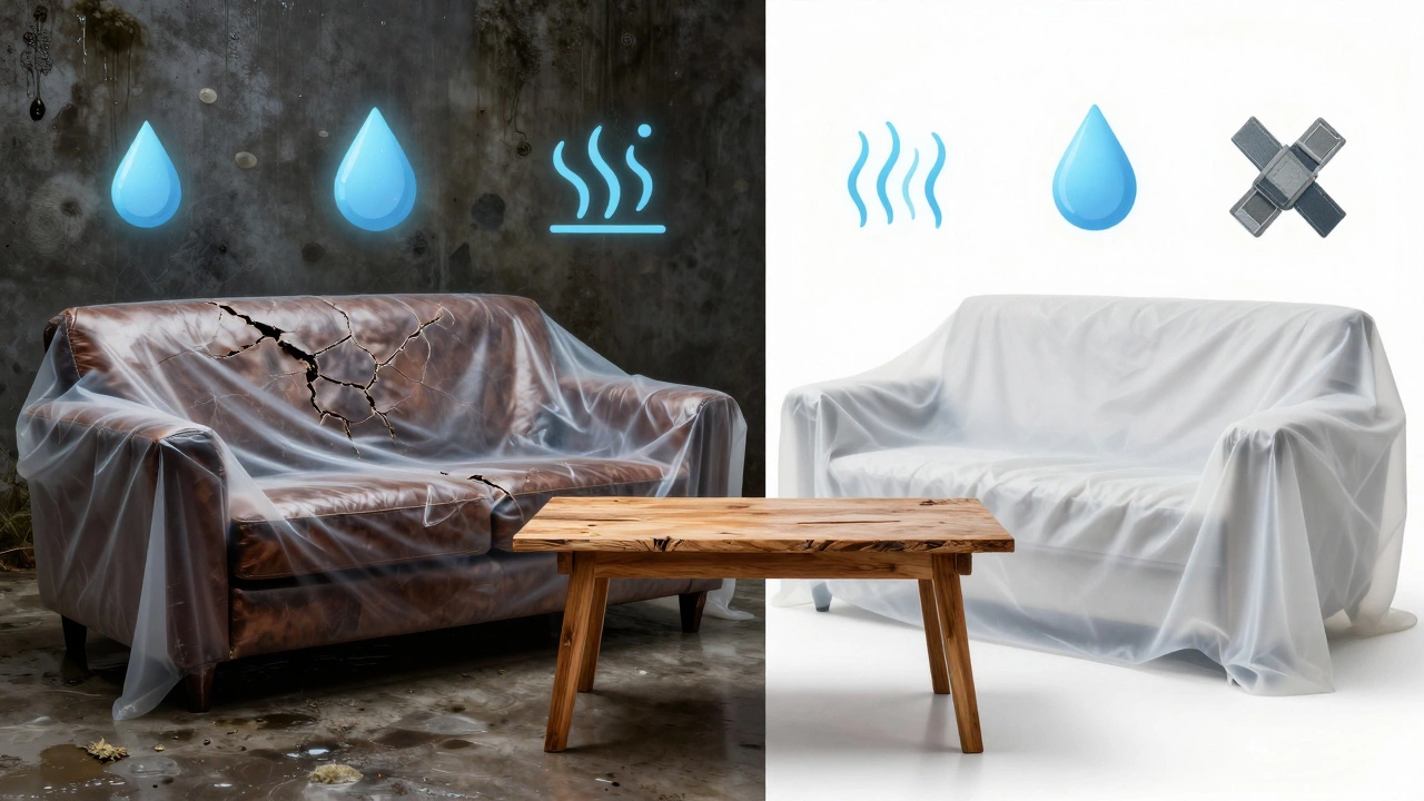 Split image showing damaged furniture under plastic versus protected pieces under breathable covers.