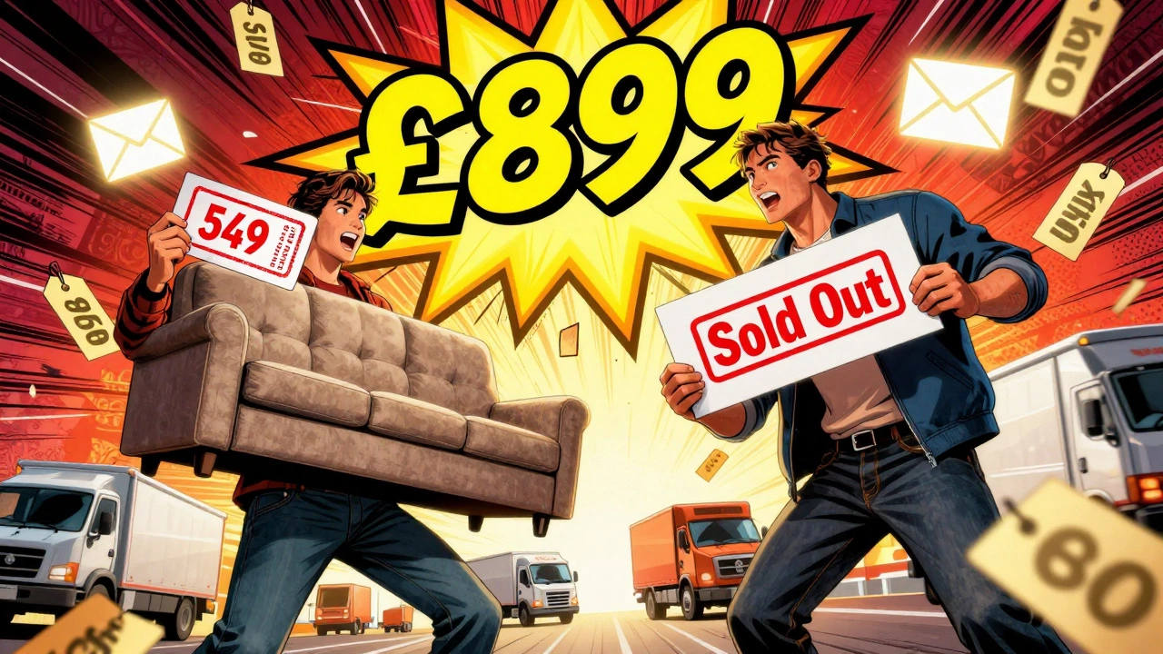 Two shoppers in a comic book style battle over a discounted sofa, with floating price tags and 'Sold Out' alerts in the background.