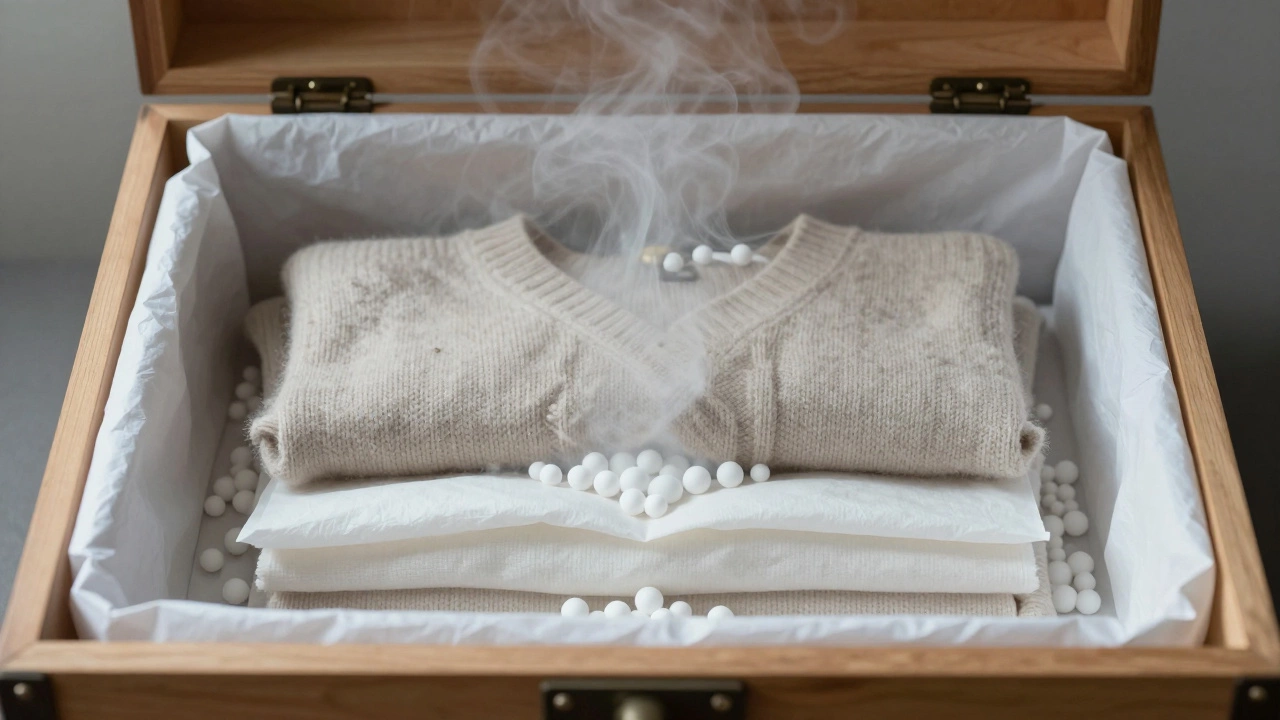Wooden storage chest with folded clothes and protective white pellets