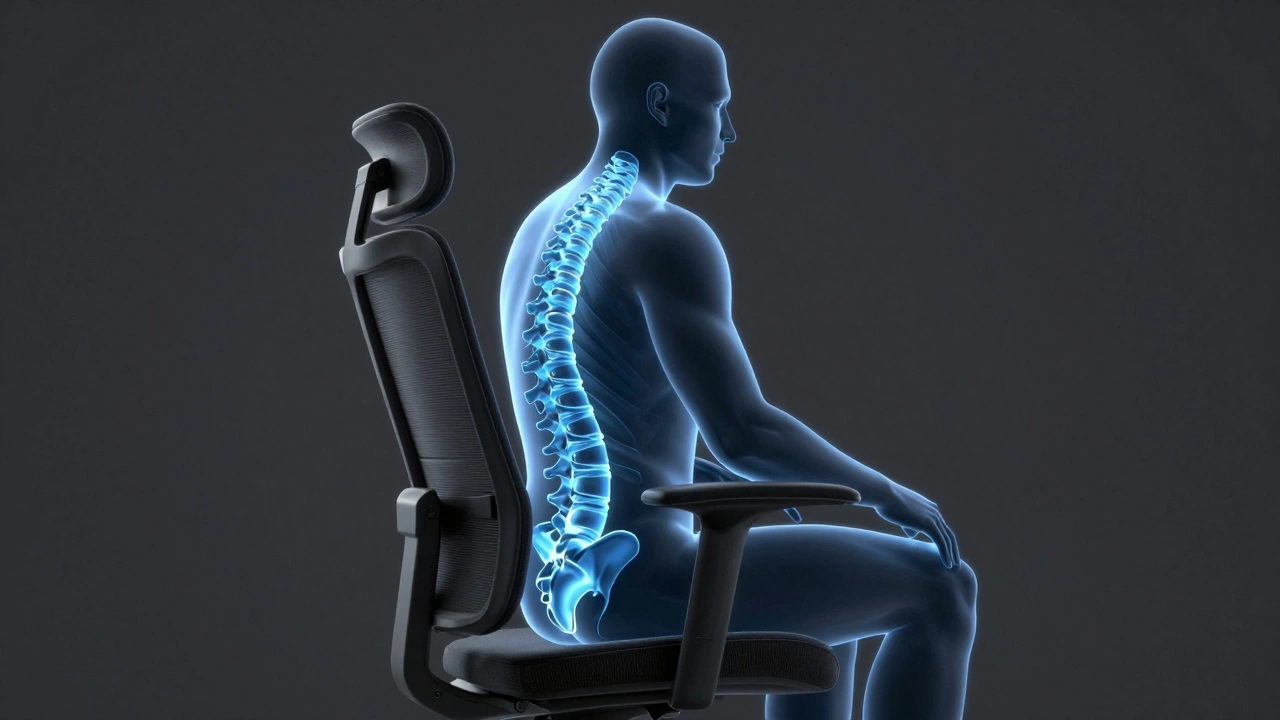 3D render showing ergonomic lumbar support and spinal alignment in a chair