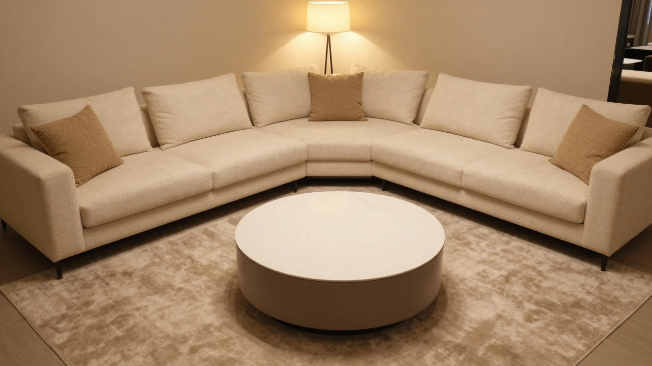 Circular coffee table centered within the layout of a large sectional sofa