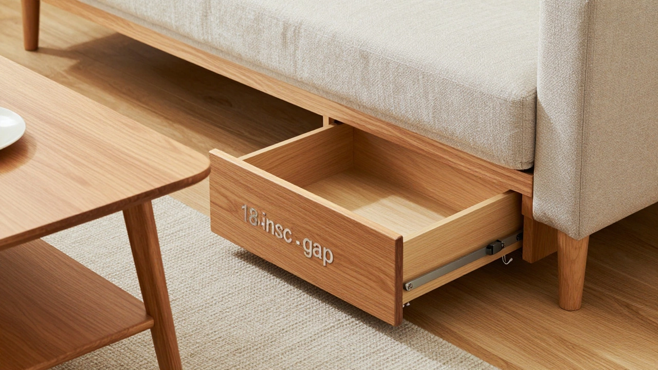 Close-up of the recommended 18-inch gap between a sofa and an open table drawer.