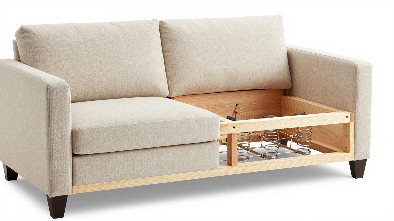 Cross-section of a sofa showing a kiln-dried hardwood frame and hand-tied springs.