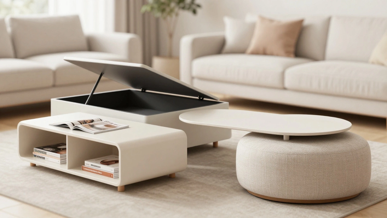 Different coffee table storage options including a lift-top table and a storage ottoman.