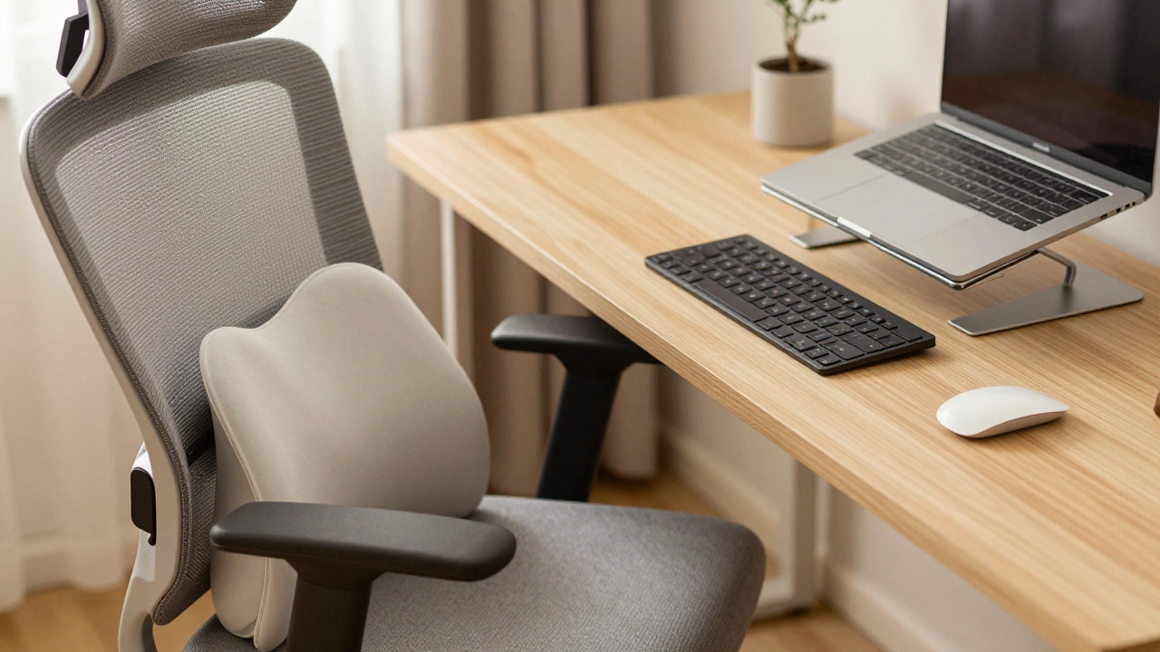 Ergonomic workspace with an office chair, laptop stand, and external keyboard