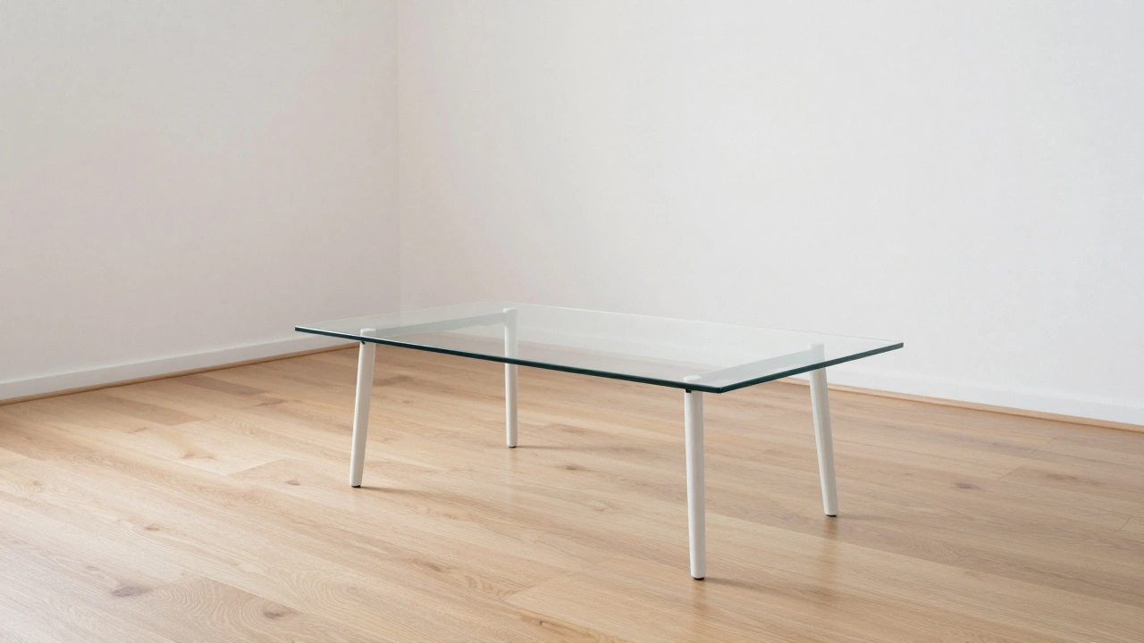Glass top coffee table with thin legs creating a sense of space in a small room
