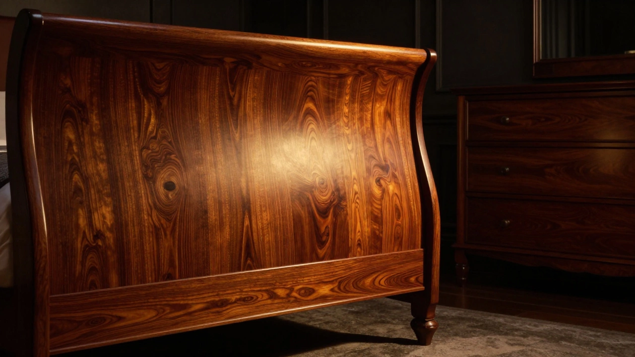 Luxury mahogany sleigh bed and oak dresser in a moody, elegant bedroom