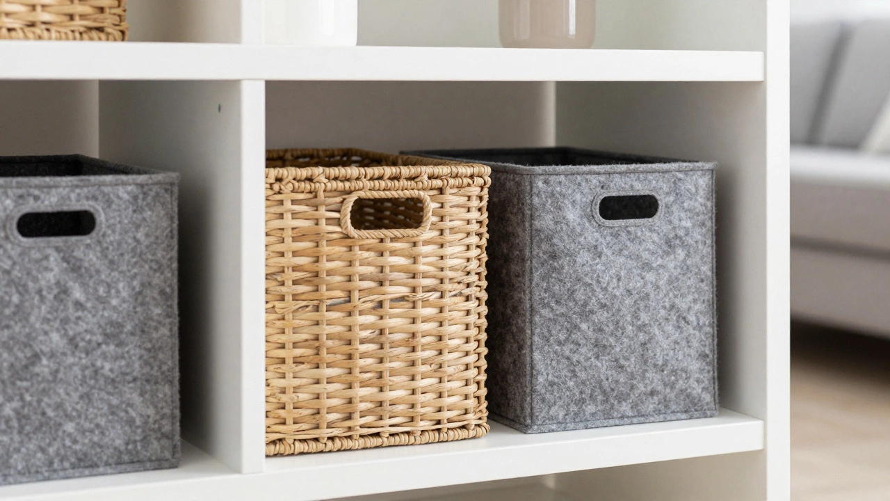 Modern white bookcase bottom shelf featuring grey felt bins and a seagrass wicker basket