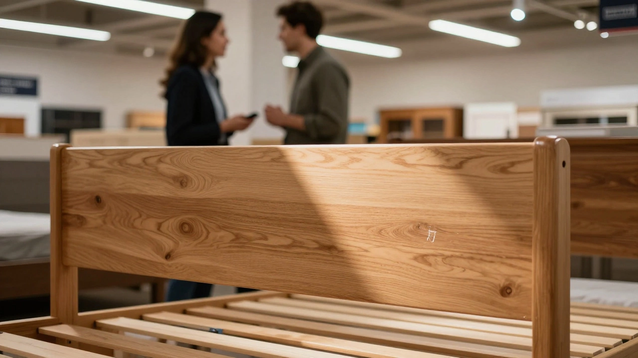 Solid oak bed frame floor model in a furniture store being inspected