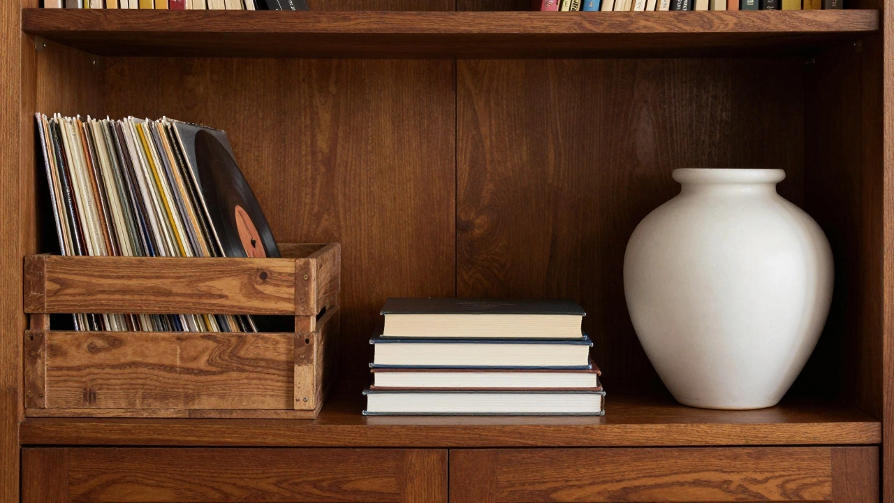 Vintage bookcase bottom shelf with a crate of vinyl records and a large white ceramic pot